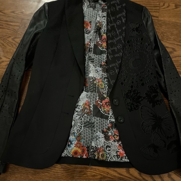 Desigual Black Suit Jacket Leather Sleeve Size 36 - Picture 5 of 12